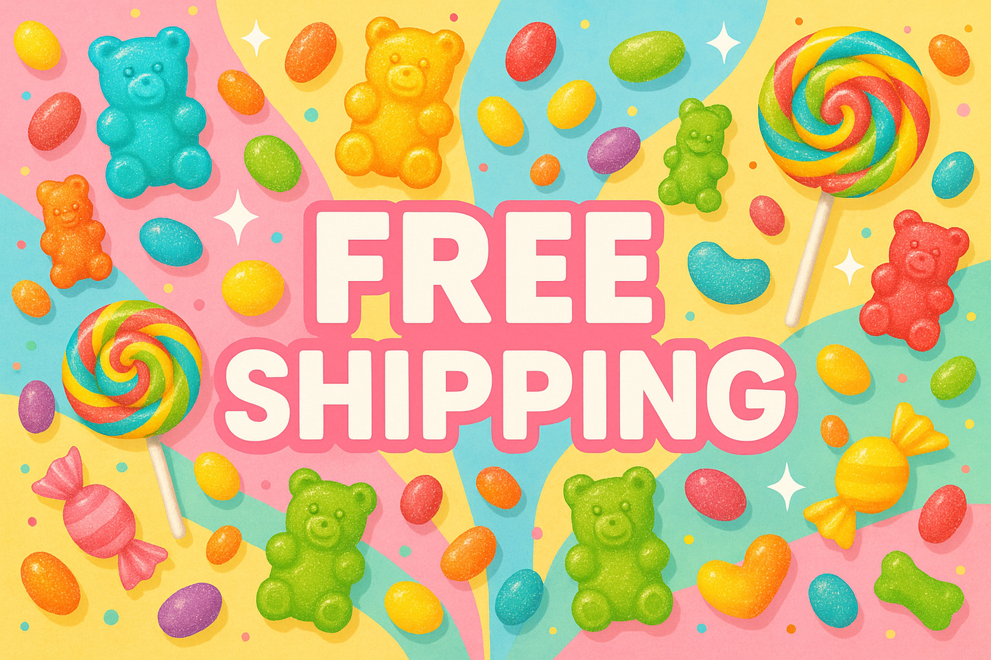 says 'free shipping' candy theme