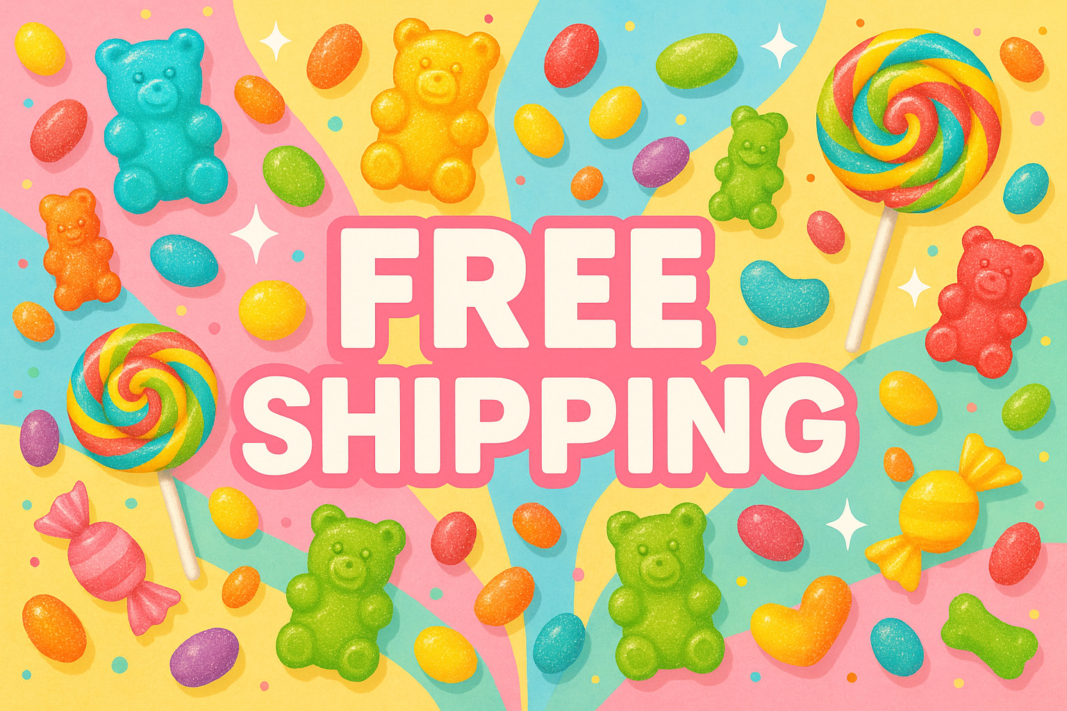 says 'free shipping' candy theme